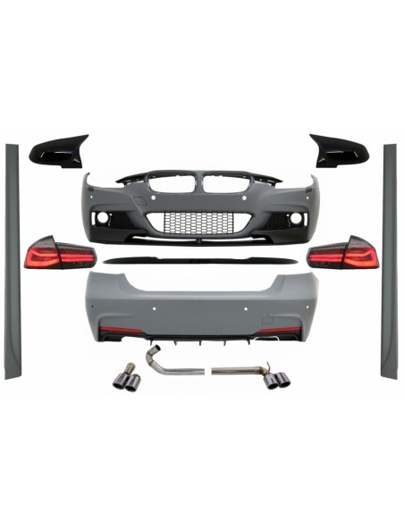 Kit completo per BMW 3 serie F30 (11-19) con coperture specchietti nero piano e LED luci posteriori dinamiche fumo rosso.