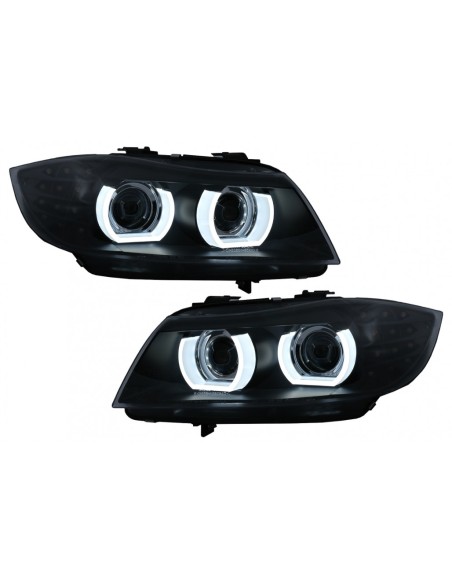 Fari a LED DRL Xenon 3D Angel Eyes per BMW 3 serie E90 E91 LCI con AFS (08-11) in Nero.
