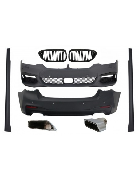 Kit completo w/ Griglie centrali del rene Piano nero doppia striscia e scarico per BMW 5 serie G30 (17-up)