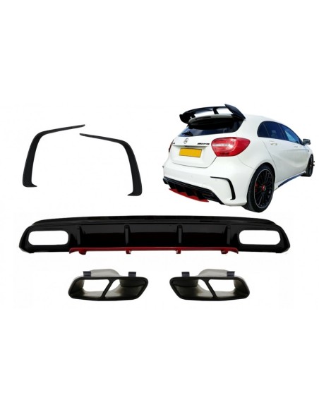 Diffusore posteriore w/ scarico Pinne nere e splitter per Mercedes A-Class W176 (12-18) A45 Facelift Design edizione rossa