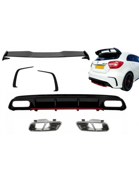 Marmitta Suggerimenti Cromo w/ Splitter Alette e Spoiler Boot tetto per MERCEDES A-Class W176 (12-18) A45 Facelift Design Rosso