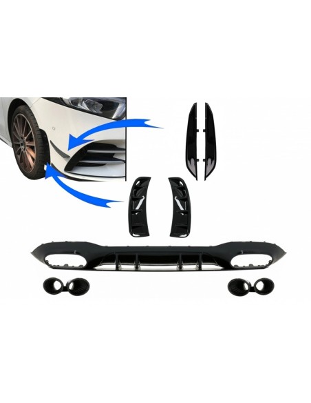 Diffusore posteriore w/ sfiati laterali anteriori e alette alette laterali per Mercedes A-Class V177 Sedan (18-up) scarico nero