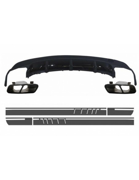 Diffusore posteriore w/ punte di scarico e adesivi adesivi laterali vinile grigio scuro per Mercedes CLA W117 (13-16) Sport Pack