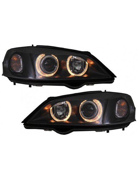 Fanali anteriori per Opel Vauxhall Astra G (09.1997-02.04) Halo Cerchi Lampade Nero