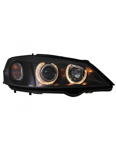 Fanali anteriori per Opel Vauxhall Astra G (09.1997-02.04) Halo Cerchi Lampade Nero