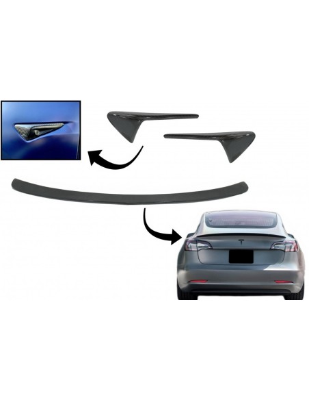 Trunk Spoiler w/ Turn Signal Covers Marcatori laterali per Tesla Modello 3 (17-up) Real Carbon