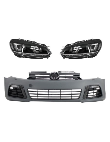 Paraurti anteriore per VW Golf VI 6 (08-13) R Look w/ Fari 3D LED DRL U-Design LED che scorre la luce di svolta