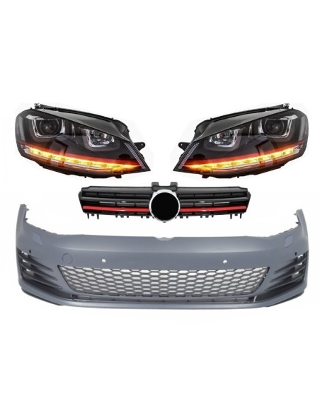 Paraurti anteriore per VW Golf VII Golf 7 13-up GTI Look w/ Fari 3D LED DRL ROSSO che scorre luce di svolta e griglia